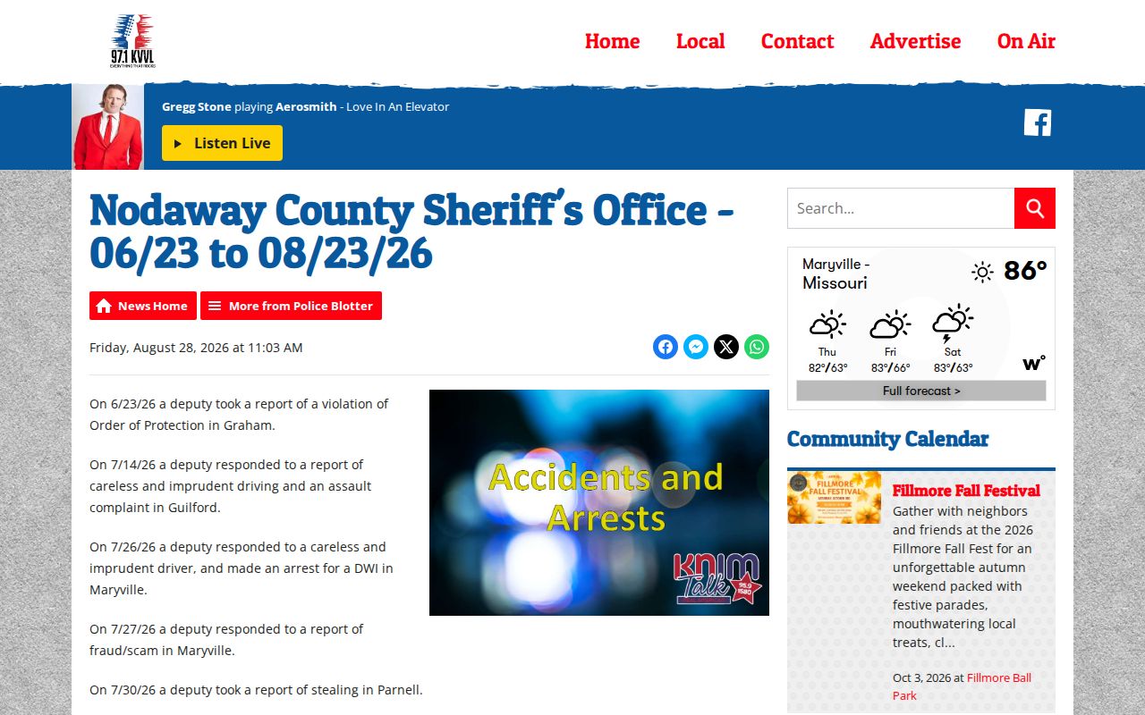 KVVL Nodaway County Sheriff multi-day police blotter article with coverage dates