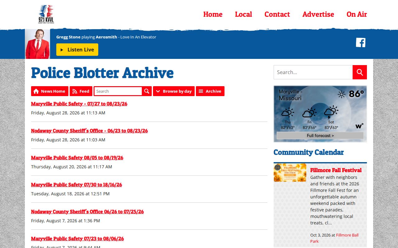 KVVL local police blotter archive with dated Nodaway County posts
