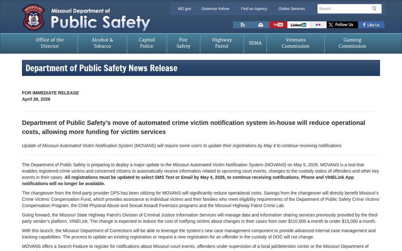 Missouri DPS announcement describing May 2026 MOVANS notification changes