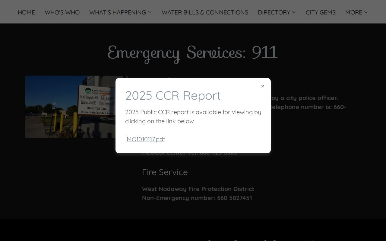 Burlington Junction official emergency services page stating that the town has no city police officer